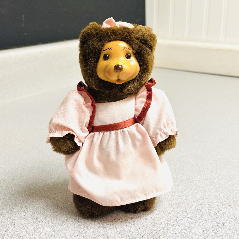 Robert Raikes Wooden Face Bear Raikes Bears Brown Fur Original Polka Dot Outfit